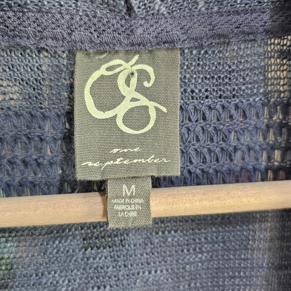 Anthropologie One September Blue Boho Braided Neck Pointelle Knit Open Cardigan